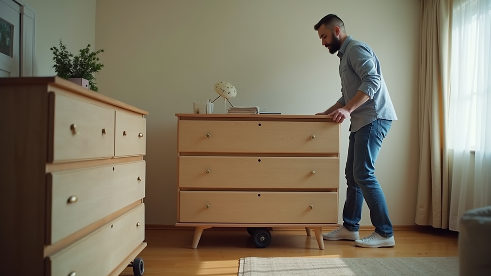 High angle view of a person using a dolly to move a heavy dresser