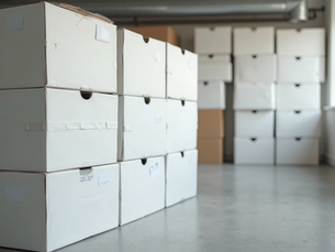 White shipping boxes stacked for student storage