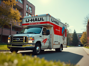 Eye-level view of a U-Haul truck parked near a college dorm building