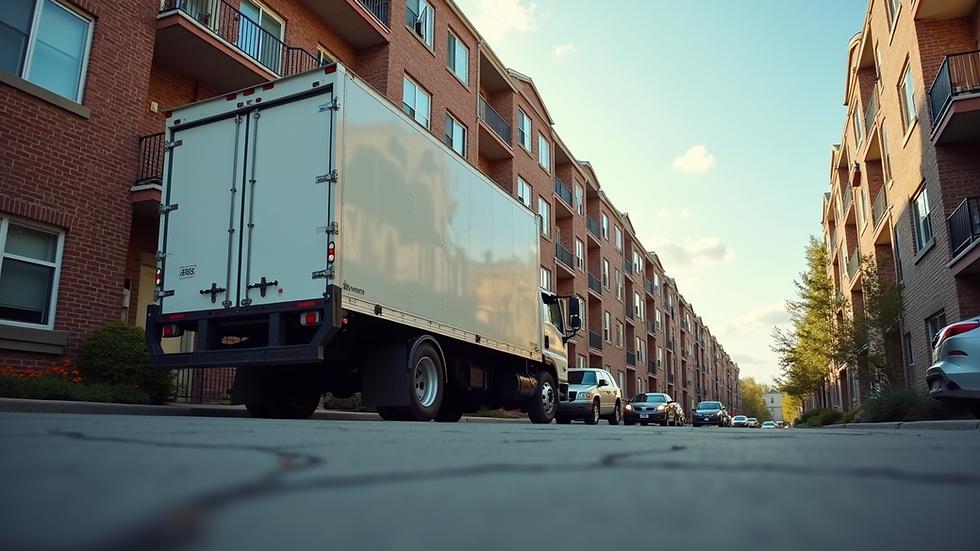 Eye-level view of a moving truck parked outside an apartment building