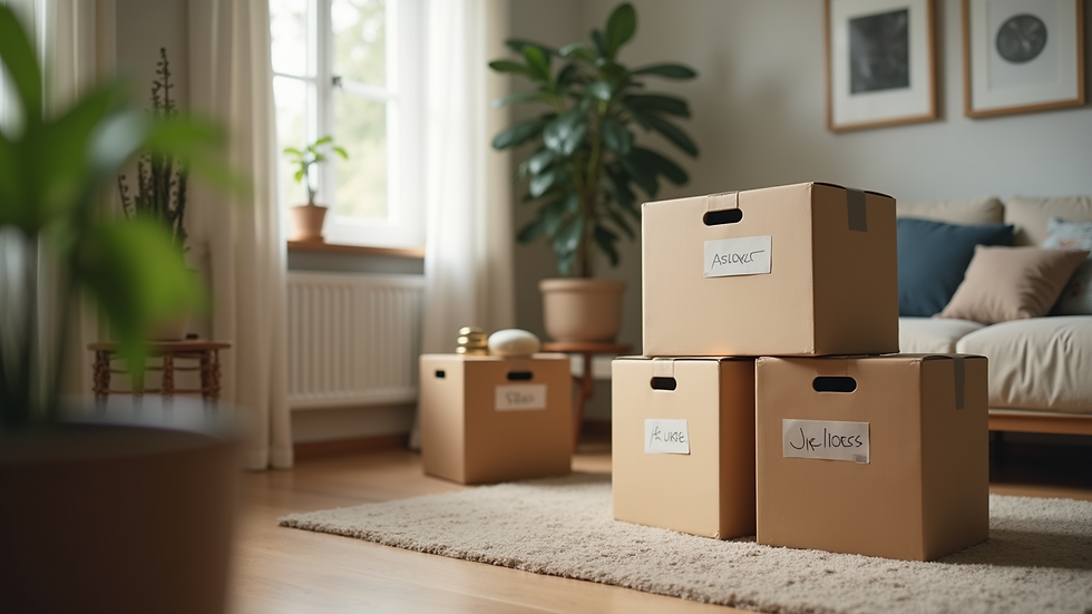 Close-up view of labeled moving boxes stacked in a living room