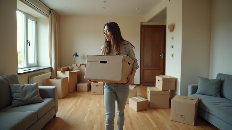 Eye-level view of a student packing boxes in a Terrace View apartment