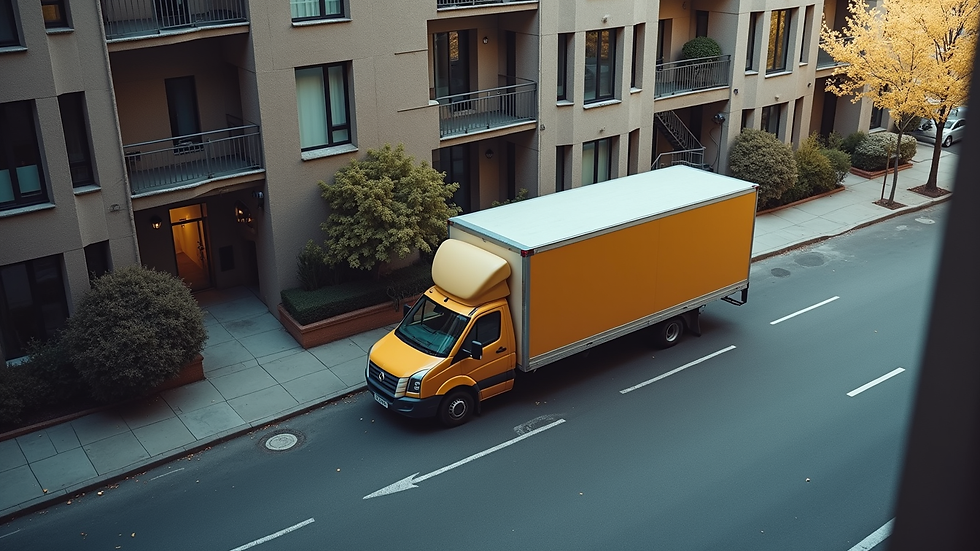 High angle view of a moving truck parked outside an apartment building