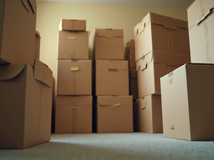 Eye-level view of packed moving boxes stacked in a JMU dorm room