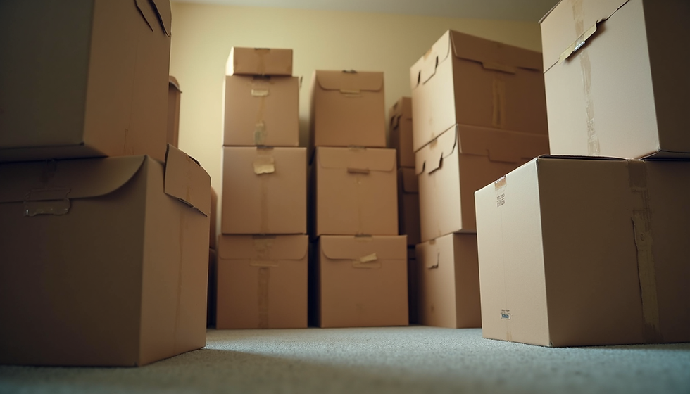 Eye-level view of packed moving boxes stacked in a JMU dorm room