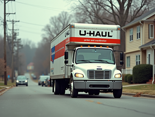 Eye-level view of a U-Haul truck parked on a residential street in Roanoke