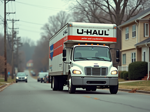 Eye-level view of a U-Haul truck parked on a residential street in Roanoke