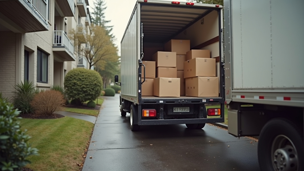 Close-up view of a moving truck being loaded with boxes at a residential apartment