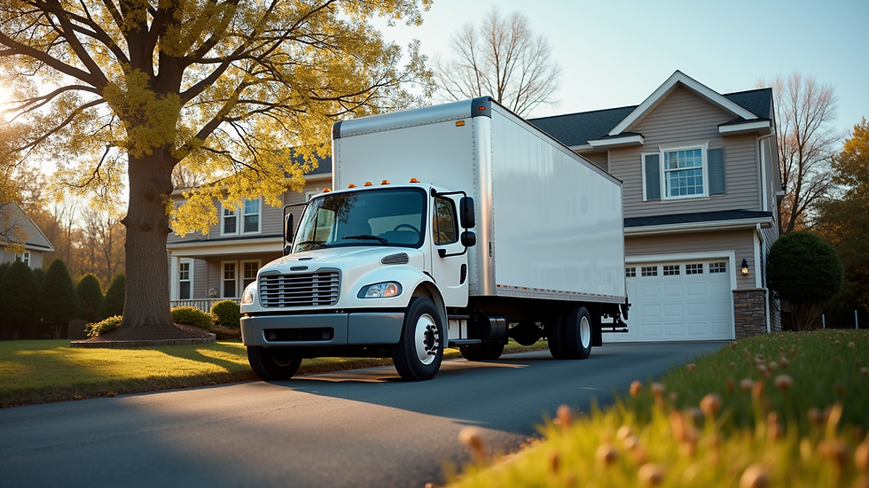 Eye-level view of a moving truck parked outside a residential building in Harrisonburg