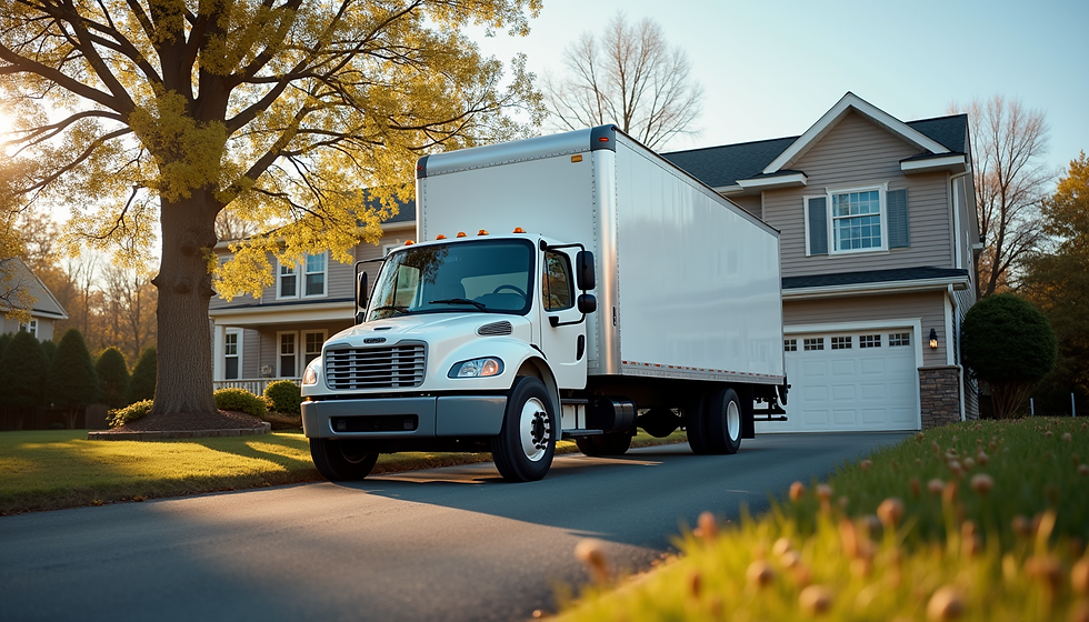Eye-level view of a moving truck parked outside a residential building in Harrisonburg