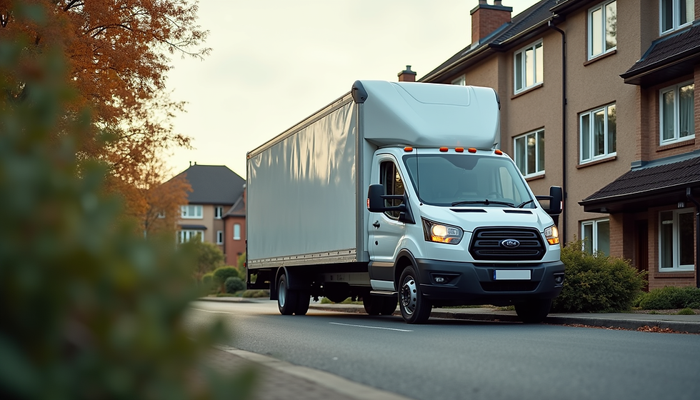 Eye-level view of a moving truck parked outside a residential building