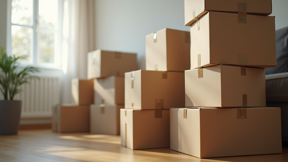 Close-up view of packed moving boxes stacked in a living room