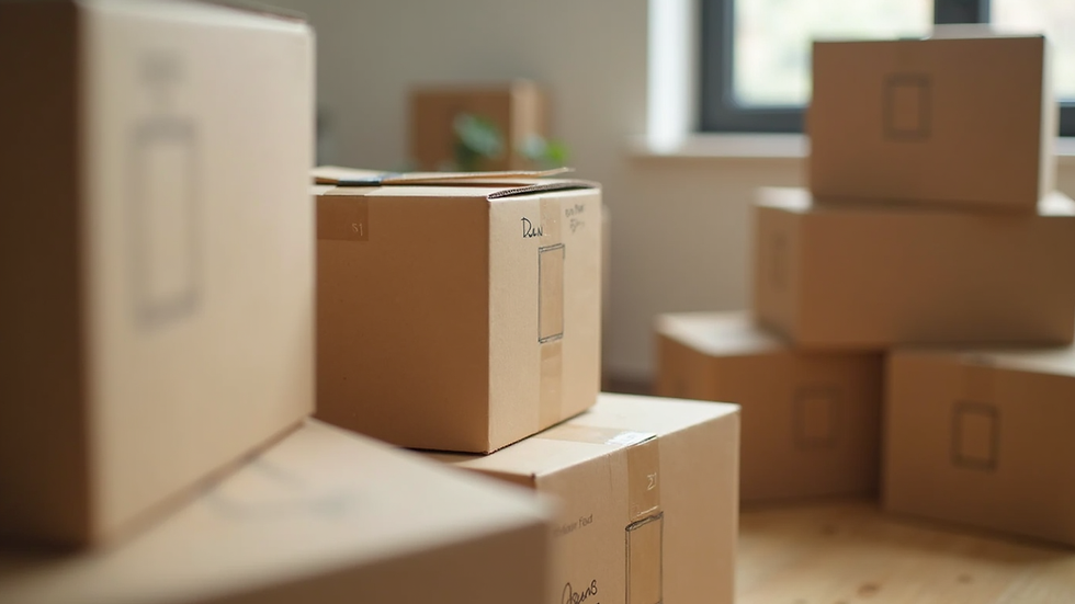Close-up view of packed moving boxes labeled and stacked neatly