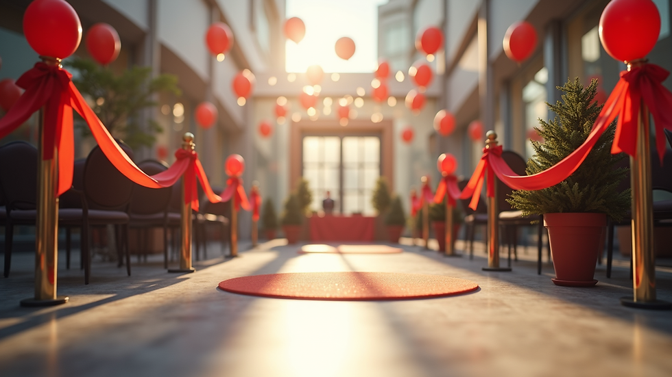 Eye-level view of a community event space decorated for a ribbon cutting ceremony