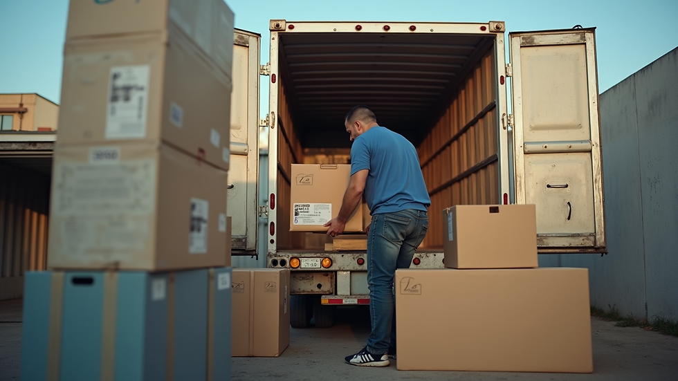 Close-up view of movers carefully packing office equipment into a truck