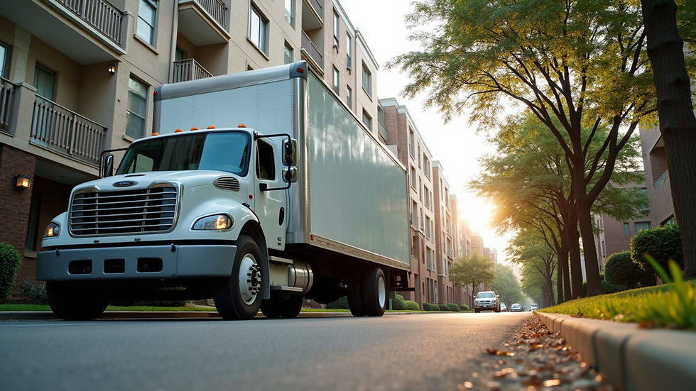 Eye-level view of a moving truck parked outside a Charlotte apartment building