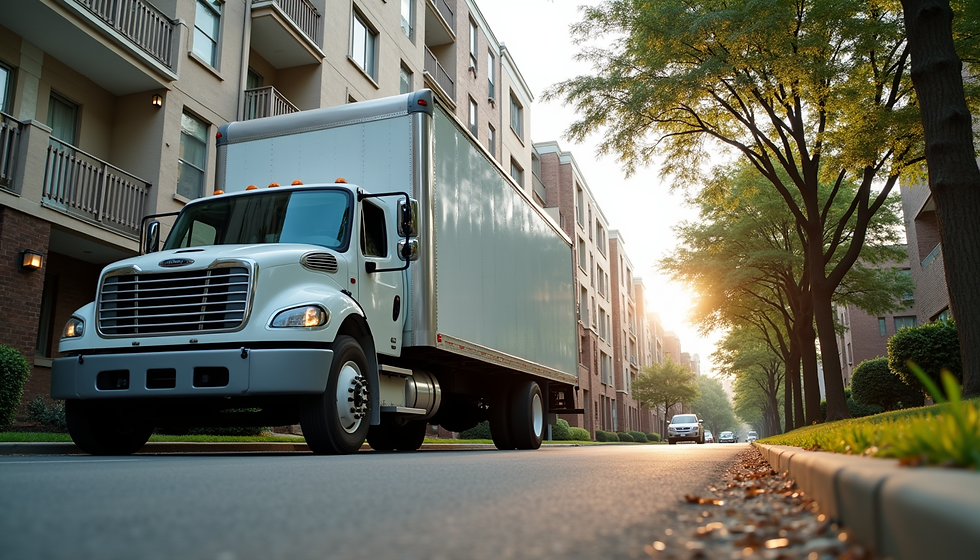 Eye-level view of a moving truck parked outside a Charlotte apartment building