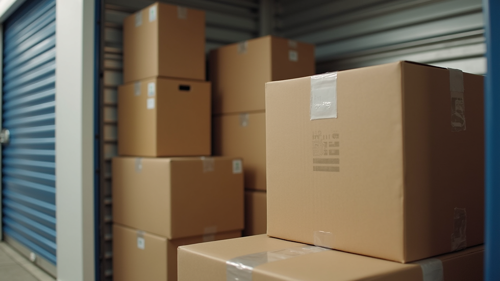Close-up view of moving boxes stacked neatly in a storage unit