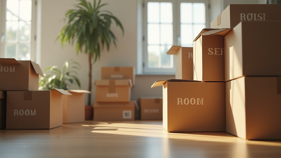 Eye-level view of neatly stacked moving boxes labeled by room