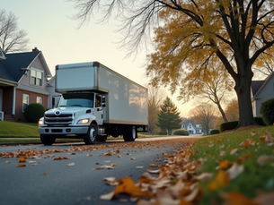 Eye-level view of a moving truck parked outside a residential home in Blacksburg