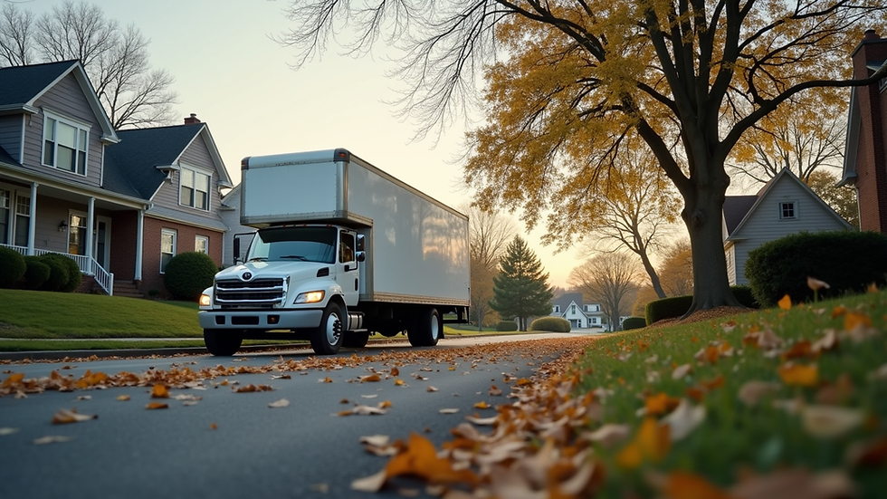 Eye-level view of a moving truck parked outside a residential home in Blacksburg