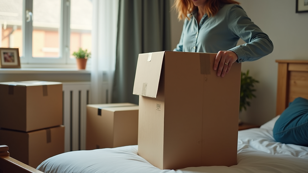 Close-up view of a student packing boxes in a dorm room with moving supplies