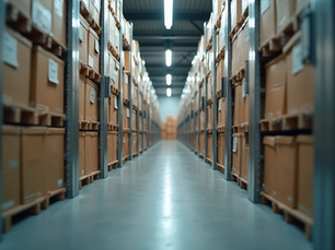 Eye-level view of a secure storage facility with neatly stacked boxes