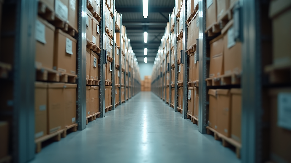 Eye-level view of a secure storage facility with neatly stacked boxes
