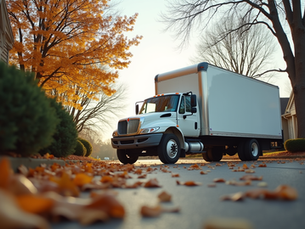 Eye-level view of a moving truck parked outside a residential home in Radford