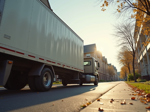 Eye-level view of a moving truck parked outside a residential building