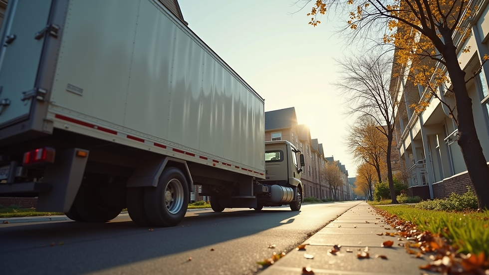 Eye-level view of a moving truck parked outside a residential building