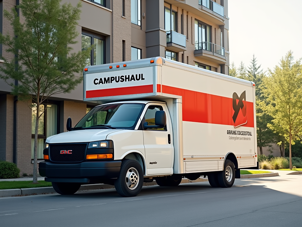A friendly CampusHaul moving van parked in front of a modern apartment building on a sunny