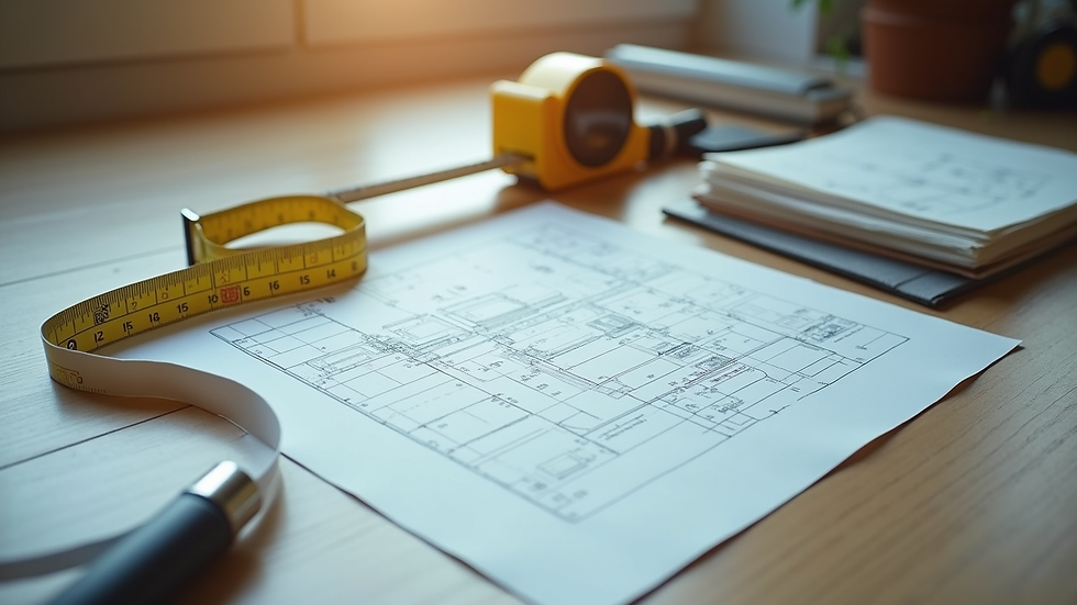 High angle view of a tape measure and blueprint on a table