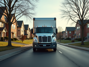    Eye-level view of a moving truck parked outside a residential building in Blacksburg