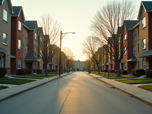 Eye-level view of a quiet residential street in Christiansburg with student apartments