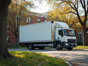 Eye-level view of a moving truck parked outside a college dorm building