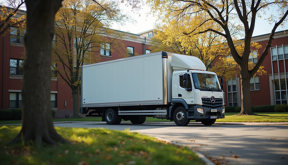 Eye-level view of a moving truck parked outside a college dorm building