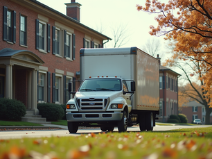 Eye-level view of a moving truck parked outside a college apartment building in Blacksburg