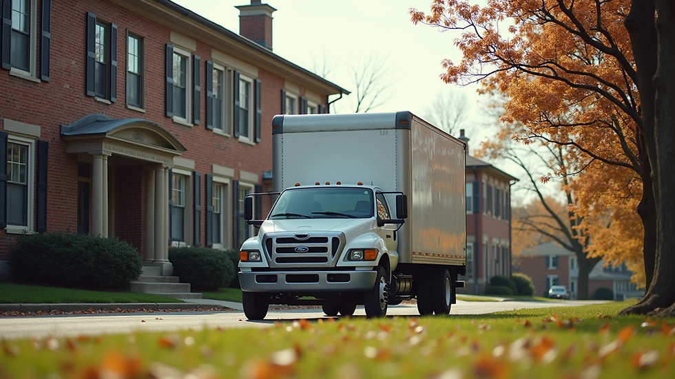Eye-level view of a moving truck parked outside a college apartment building in Blacksburg