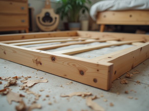 Eye-level view of disassembled wooden bed frame parts laid out on floor