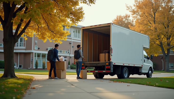 Eye-level view of a CampusHaul truck parked near a university dorm entrance