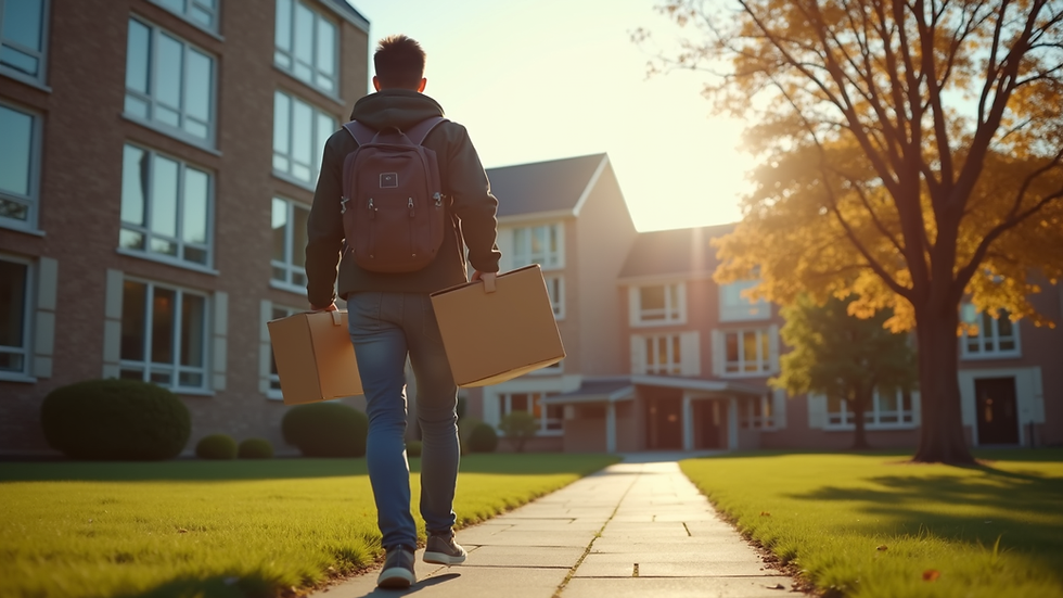 Eye-level view of a student carrying boxes outside a college dorm