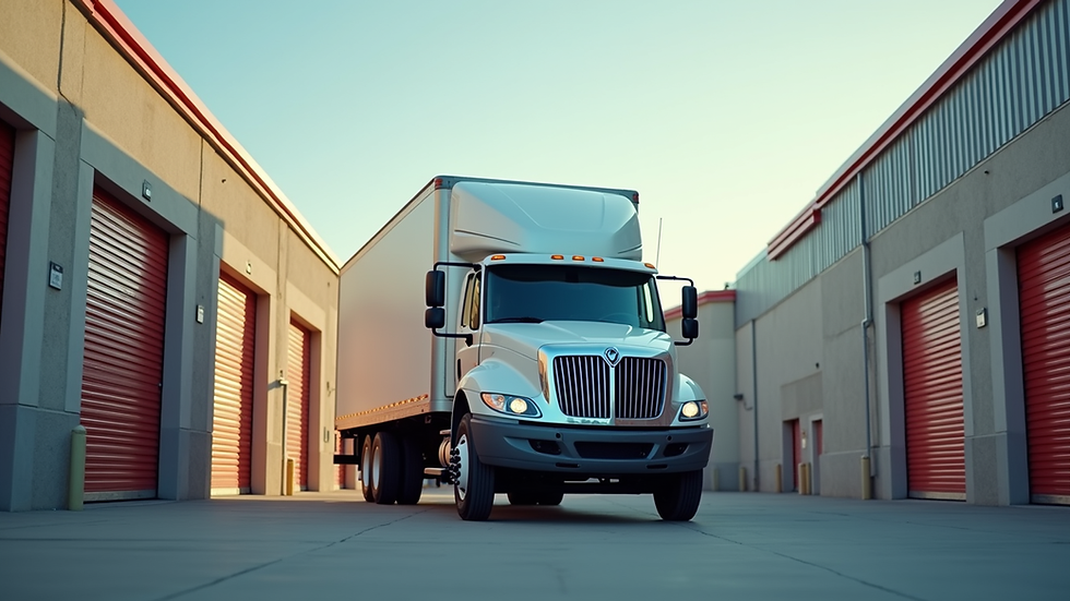Close-up view of a moving truck parked outside a storage facility