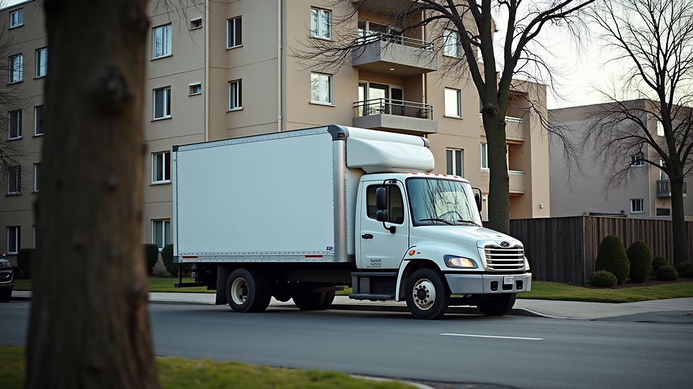 Eye-level view of a moving truck parked outside an apartment building