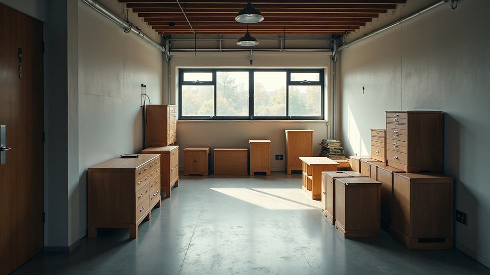 High angle view of organized storage unit with furniture neatly arranged