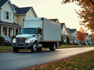 Eye-level view of a moving truck parked outside a residential building in Blacksburg