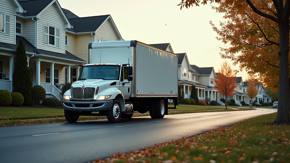 Eye-level view of a moving truck parked outside a residential building in Blacksburg