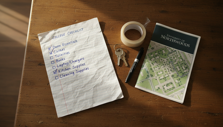 Overhead view of a handwritten college move checklist beside keys and packing tape