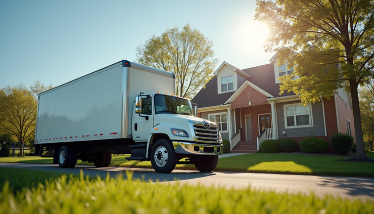 Eye-level view of a moving truck parked outside a residential home in Blacksburg VA
