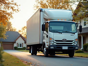 Eye-level view of a moving truck parked outside a residential home